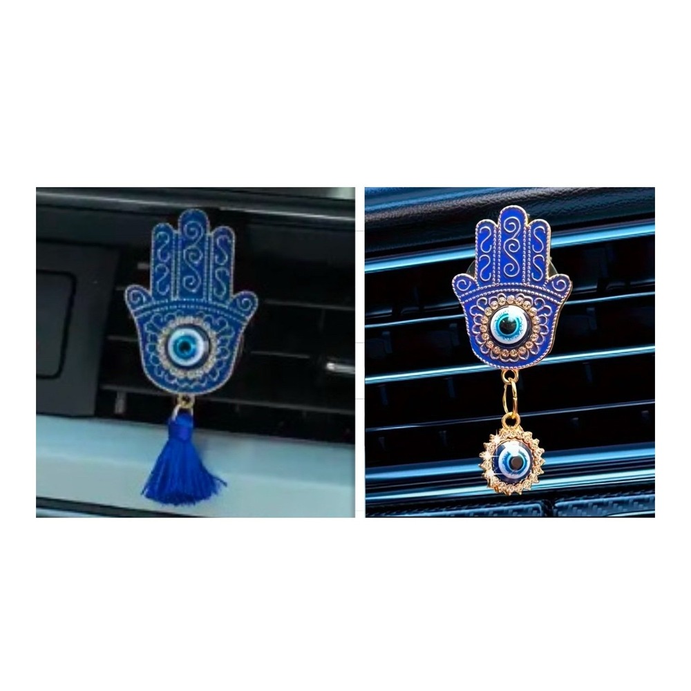 Car Vent Clip Hamsa Evil Eye Bundle Blue Gold Tone Rhinestone 2 Piece Set